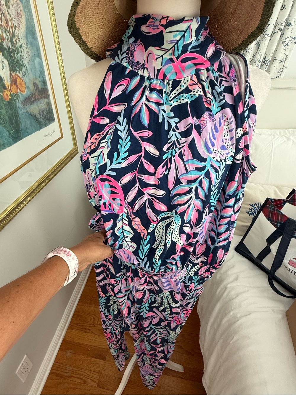 Lilly Pulitzer Navy Sleeveless Jumpsuit with Pink & Teal Leaf Print